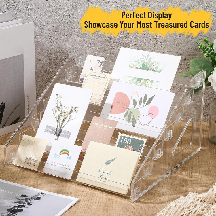 7 Tier Acrylic Card Display Stand for Vendors Retail, 12 Inch Versatile Display Stand for Trading Greeting Sports Graded Cards Stickers Greeting Postcard Organizer Rack Holder(Clear)
