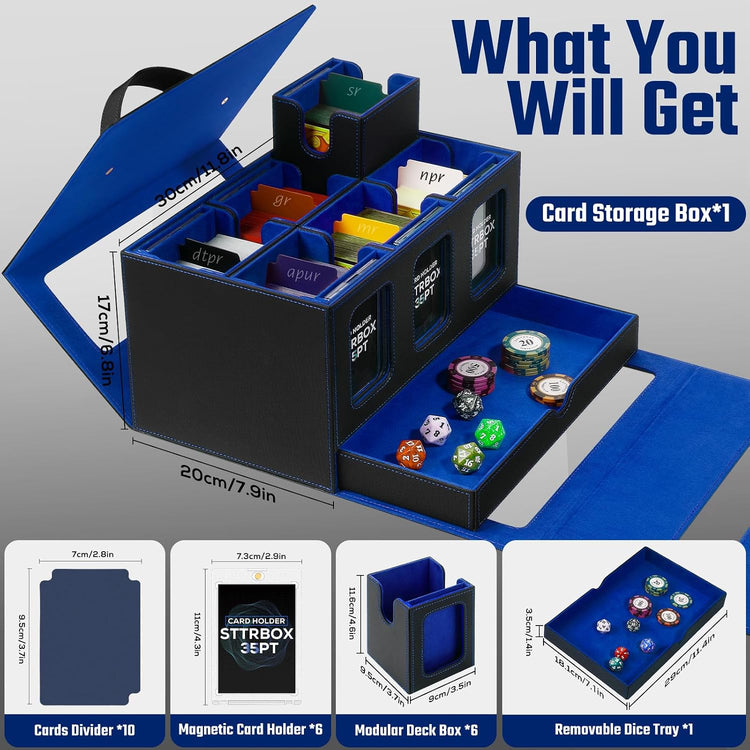 Commander Deck Box for MTG & TCG with Handle Commander Deck Box for MTG & TCG, Trading Card Storage Box with Handle, Card Deck Case with Display Window (Black&Blue)