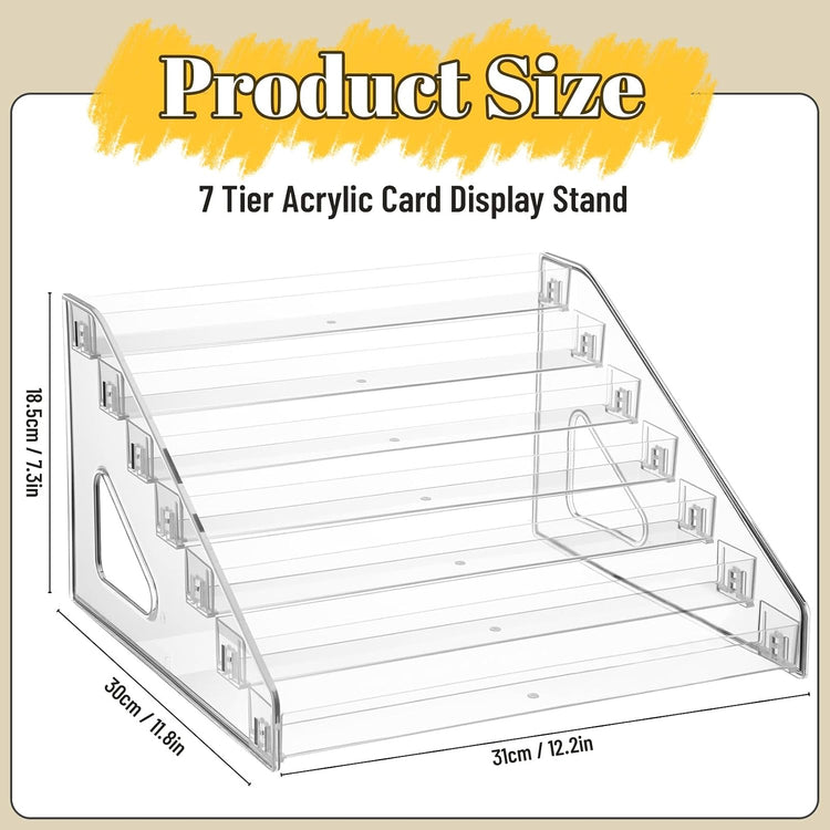 7 Tier Acrylic Card Display Stand for Vendors Retail, 12 Inch Versatile Display Stand for Trading Greeting Sports Graded Cards Stickers Greeting Postcard Organizer Rack Holder(Clear)