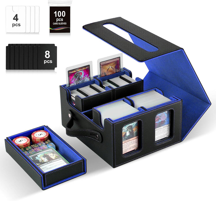 Commander Deck Box for Mtg,Card Storage Box Fits 400+ Double-Sleeved Cards,4 Removable Deck Case with Display Windows＆Handle,Card Deck Box for Tcg/Ptcg/Edh(Black &Blue)