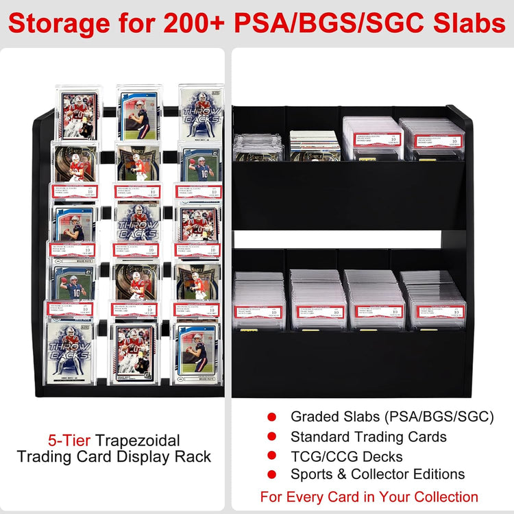 5-Tier Trading Card Display Case Stand- Holds up to 200 Cards,Wood Sports Graded Card Display,Card Stand for Sports Baseball Cards,Card Game Collection & Show