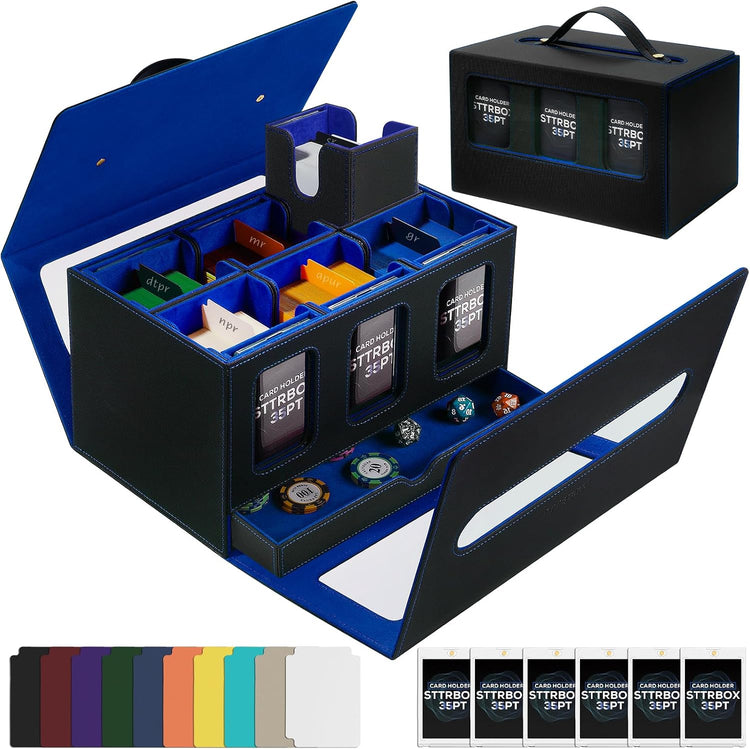 Commander Deck Box for MTG & TCG with Handle Commander Deck Box for MTG & TCG, Trading Card Storage Box with Handle, Card Deck Case with Display Window (Black&Blue)