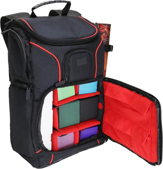 MTG Backpack Compatible with Magic the Gathering Deck, Yu-Gi-Oh, MTG Decks & More - TCG Backpack MTG Bag with Shoulder Straps, Customizable Dividers, TCG Playmat Holder, Binder Space (Red)