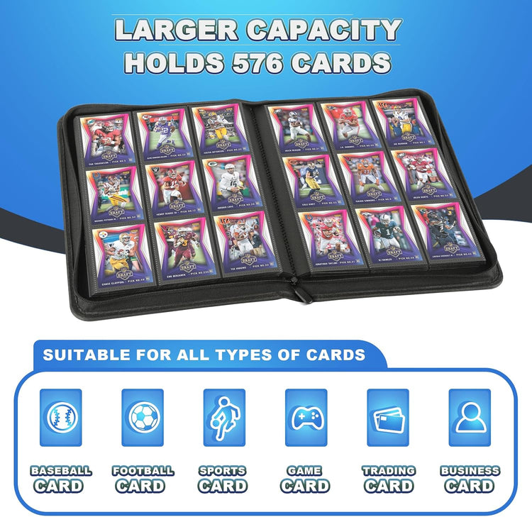Trading Card Binder, Card Binder 9 Pocket, Premium Card Collection Binder with 576 Pockets, Zippered PU Leather Collector Album, Display Design Card Folder for MTG, TCG & All Sports Trading Cards