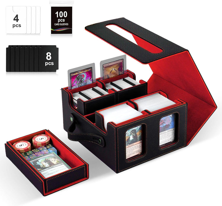 Commander Deck Box for Mtg,Card Storage Box Fits 400+ Double-Sleeved Cards,4 Removable Deck Case with Display Windows＆Handle,Card Deck Box for Tcg/Ptcg/Edh(Black &Blue)