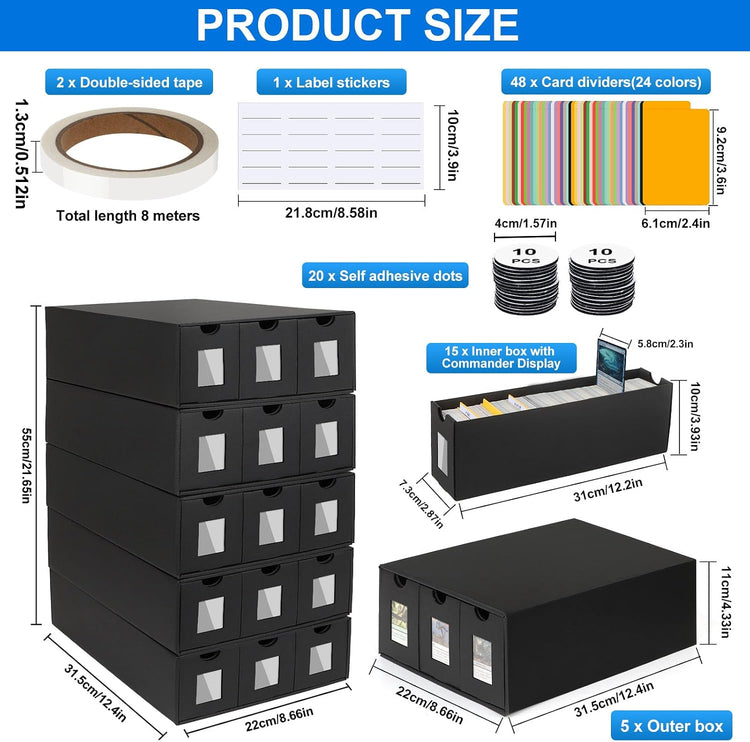 Trading Card Storage Box, 15000+ Cards Deck Box for MTG Commander, Trading Cards Organizer with 48 Card Dividers, Labels & Tapes, Visible Card Deck Boxes for MTG TCG PTCG Sport Cards
