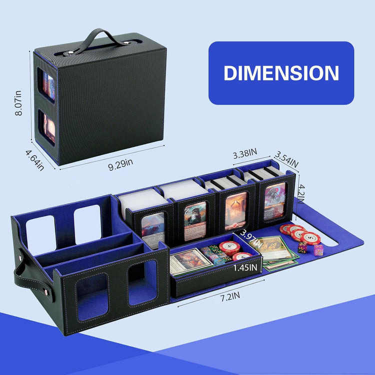 Commander Deck Box for Mtg,Card Storage Box Fits 400+ Double-Sleeved Cards,4 Removable Deck Case with Display Windows＆Handle,Card Deck Box for Tcg/Ptcg/Edh(Black &Blue)