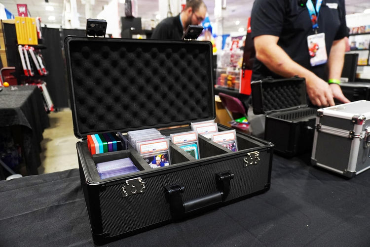 Premium 140-Card Holder Box, Carbon Fiber Graded Card Storage Case, TSA Lock, GPS Tracker Compartment, Fits PSA/BGS/CSG Slabs & Toploaders, 4 Rows, 4 EVA Dividers, Secure Travel for Sports, TCG Cards