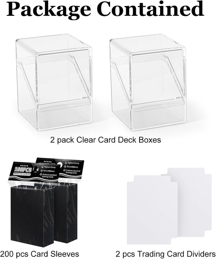2 Pack Card Deck Boxes, Deck Case and 200Pcs Card Sleeves with Dividers, Standard Clear Commander Storage Box Fit for MTG, Sport, Trading Cards Cards (Black)
