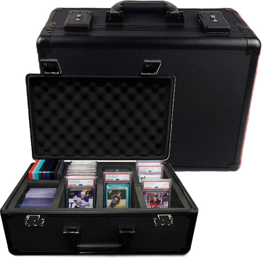 Premium 140-Card Holder Box, Carbon Fiber Graded Card Storage Case, TSA Lock, GPS Tracker Compartment, Fits PSA/BGS/CSG Slabs & Toploaders, 4 Rows, 4 EVA Dividers, Secure Travel for Sports, TCG Cards