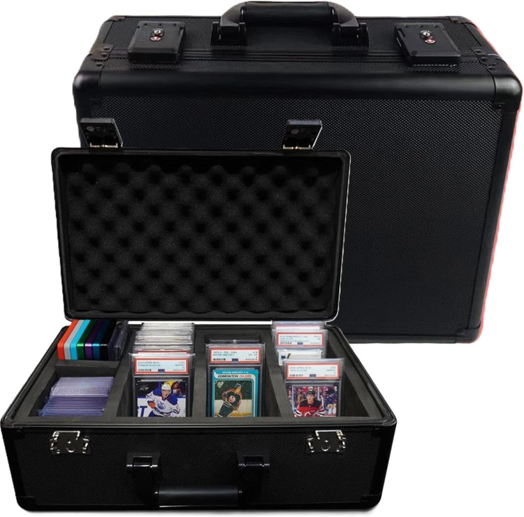 Premium 140-Card Holder Box, Carbon Fiber Graded Card Storage Case, TSA Lock, GPS Tracker Compartment, Fits PSA/BGS/CSG Slabs & Toploaders, 4 Rows, 4 EVA Dividers, Secure Travel for Sports, TCG Cards