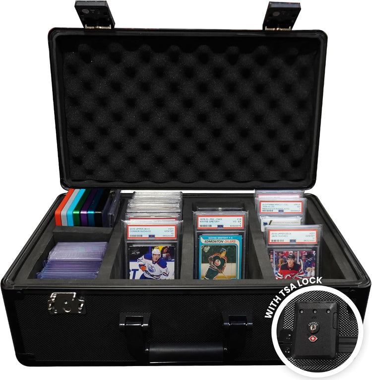 Premium 140-Card Holder Box, Carbon Fiber Graded Card Storage Case, TSA Lock, GPS Tracker Compartment, Fits PSA/BGS/CSG Slabs & Toploaders, 4 Rows, 4 EVA Dividers, Secure Travel for Sports, TCG Cards