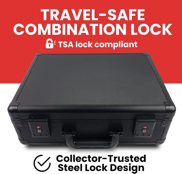 Premium 140-Card Holder Box, Carbon Fiber Graded Card Storage Case, TSA Lock, GPS Tracker Compartment, Fits PSA/BGS/CSG Slabs & Toploaders, 4 Rows, 4 EVA Dividers, Secure Travel for Sports, TCG Cards