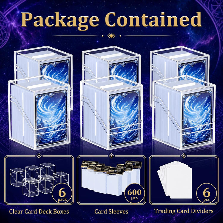 Deck Cases, 6 Pack Acrylic Commander Deck Cases and 600Pcs Clear Card Sleeves with 6 Dividers, Clear Card Storage Box Fit for MTG, TCG, Baseball, Football, Game Cards