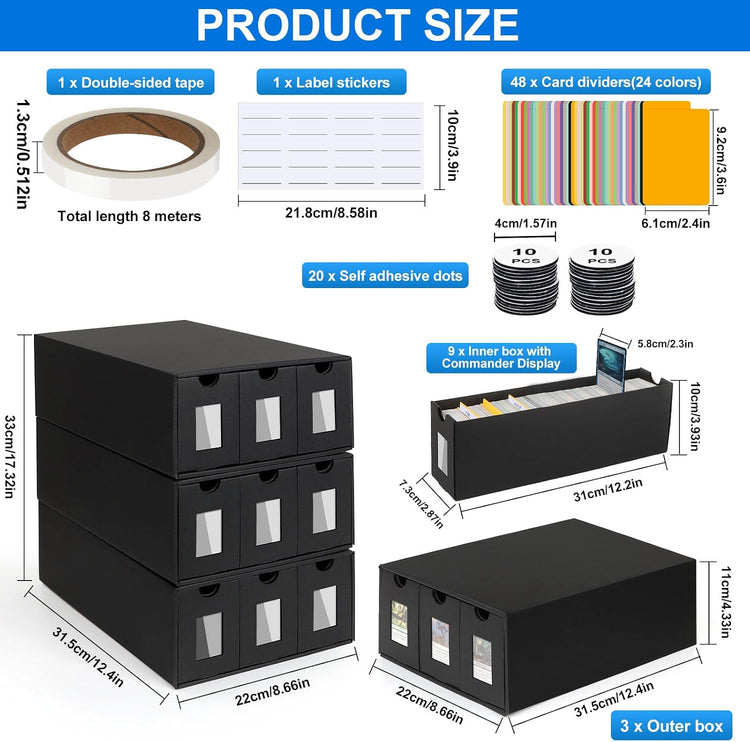 Trading Card Storage Box for Commander Display, 9000+ Trading Card Organizer, Card Deck Box Cardboard with 48 Dividers, Labels & Tapes, Compatible with TCG, PTCG, MTG and Sport Cards