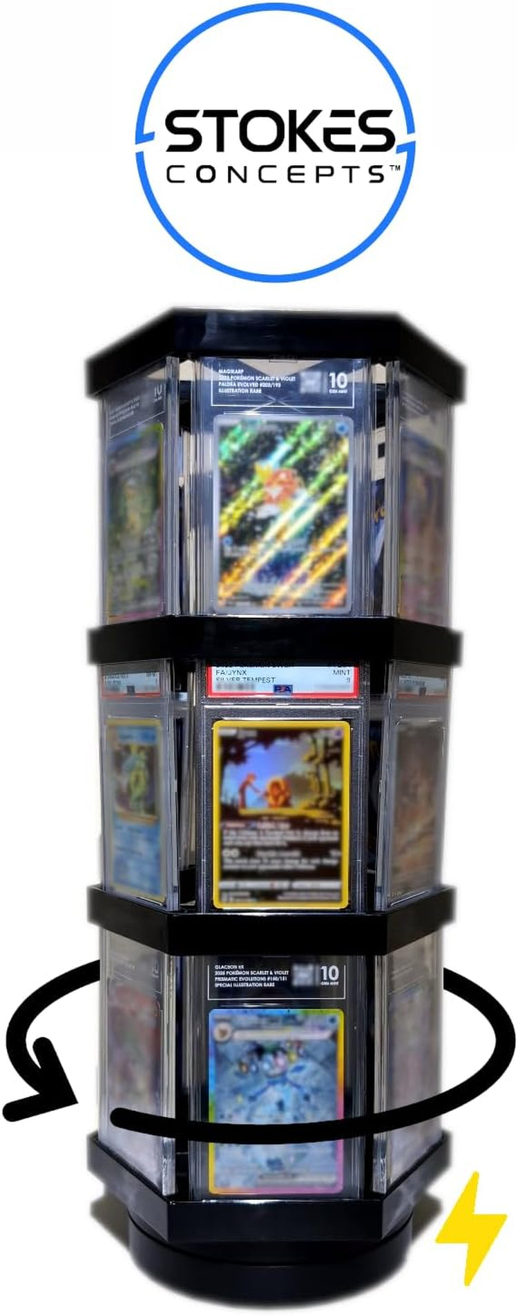 Slab Electronically Rotating Display Stand, Fits PSA BGS TAG CGC Graded Cards & Others, Maximum 18 Slabs